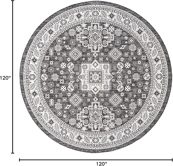 Rugs.com Outdoor Aztec Collection Rug – 10 Ft Round Charcoal Gray Flatweave Rug Perfect for Kitchens, Dining Rooms
