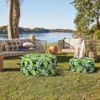 Indoor/Outdoor Inflatable Ottoman with Handle, Decorative Fade-Resistant Round Footstool D21 x H9 inch, Portable Ottoman Pouf for Patio Garden Camping, Jungle Leaves