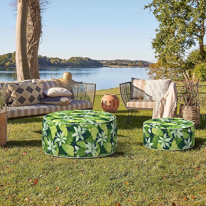 Indoor/Outdoor Inflatable Ottoman with Handle, Decorative Fade-Resistant Round Footstool D21 x H9 inch, Portable Ottoman Pouf for Patio Garden Camping, Jungle Leaves