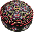 Mandala Life ART Round Black Velvet Pouf Cover - Soft Embroidered Ottoman Slipcover with Moroccan Design, 24 Inch Diameter, Ideal for Living Room, Bedroom, or Meditation Space - Floow Pillow Cushion