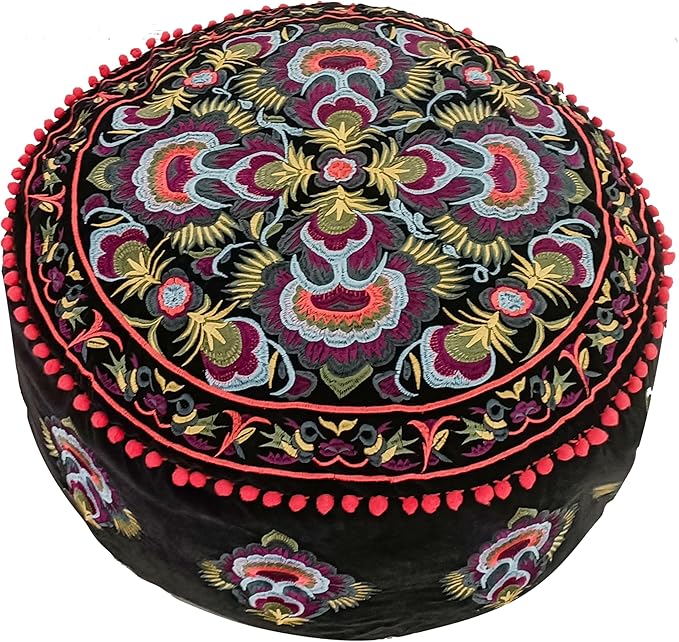 Mandala Life ART Round Black Velvet Pouf Cover - Soft Embroidered Ottoman Slipcover with Moroccan Design, 24 Inch Diameter, Ideal for Living Room, Bedroom, or Meditation Space - Floow Pillow Cushion