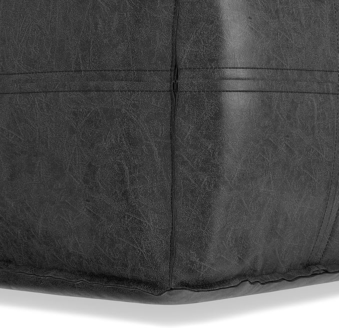 SIMPLIHOME Brody Square Pouf - 18 inch Wide Upholstered Vegan Leather Ottoman in Distressed Black, Boho Footstool, Coffee Table or Extra Seating for Living Room or Bedroom, Assembled
