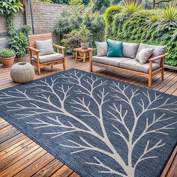 Washable Indoor Outdoor Rug 9x12 Modern Area Rugs Branch Pattern Non Shedding Waterproof Easy Clean Patio Deck Porch Living Room Bedroom Garden RV (9 X 12 Blue)