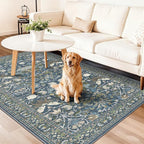 4x8 Washable Kitchen Area Rug: Farmhouse Stain-Resistant Elegant Floral Rug for Living Room Bedroom Wide Soft Carpet for Entryway Bathroom Thin Hallway Floor Mat with Non Slip Backing(4x8,Floral/Blue)