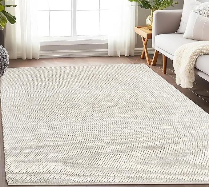 Savi Home Handwoven Wool Cotton Blend Area Rug 5x8', Textured Popcorn Braided Ivory Rug, Soft Thick Farmhouse Contemporary Living Room Carpet, Neutral Modern Decorative Floor Rug