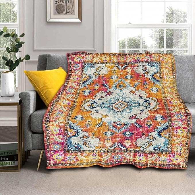 Vintage Rug Blanket Soft Flannel Lightweight Red Orange Retro Carpet Aesthetic Throw Blanket Cozy Warm Blankets All Seasons Living Room Decor for Kids Adults Use On Couch Bed Office 40x50 inch