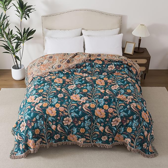 Boho Throw Blanket Twin Size, Soft Cozy Cotton Muslin Quilt Blanket for Bed Decor, Floral Patterned Couch Sofa Chair Cover, Vintage Farmhouse Cottage Tapestry Woven Blanket, Teal&Taupe