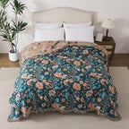 Boho Throw Blanket Twin Size, Soft Cozy Cotton Muslin Quilt Blanket for Bed Decor, Floral Patterned Couch Sofa Chair Cover, Vintage Farmhouse Cottage Tapestry Woven Blanket, Teal&Taupe