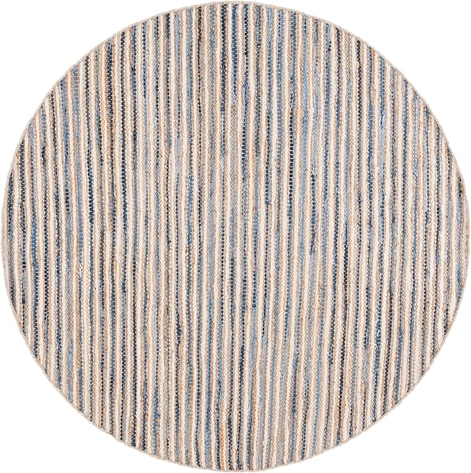 SAFAVIEH Cape Cod Collection Area Rug - 6' Round, Natural/Blue, Geometric Design, Ideal for High Traffic Areas in Living Room, Bedroom, Dining (CAP151M)
