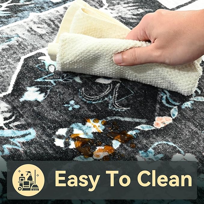YJ.GWL Area Rugs for Living Room 6x9 Machine Washable Rugs, Non Slip Floral Vintage Rug Indoor Carpet, Stain Resistant Large Rug for Bedroom Dining Room, Black Grey Blue