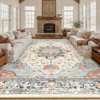 Area Rugs 10'x12' Washable Non-Slip, Floral Vintage Distress Print Pattern Medallion Carpet for Living Room Bedroom Dining Room, Beige Navy Blue Orange Colorful