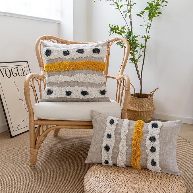 Boho Tufted Lumbar Throw Pillow Cover with Handwoven Stripes, Linen Cotton Simple Decorative Cushion Case for Couch Sofa, 1 PC (Beige Yellow, 12x20 inch)