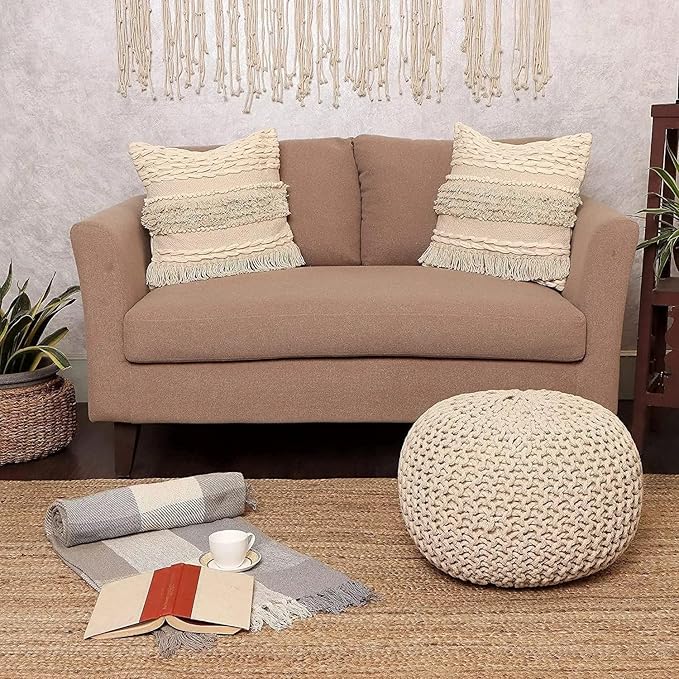 · REDEARTH · Round Pouf Ottoman - Cable Knitted Boho Poof - Home Décor Cord Pouffe Handmade Circular Footrest for Living Room - Bedroom - Kids Bedroom - 100% Cotton Pouf (19.5"x19.5"x14") - Natural