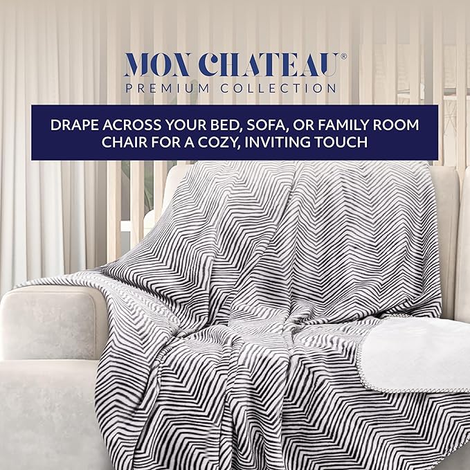 Mon Chateau 60" x 70" Fireside Mélange Throw Blanket, Contrast Stitching Soft Blanket for Queen-Size Bed, Couch, or Sofa, Cozy Home Decor and Stylish Living Room Comfort, Twilight Chevron