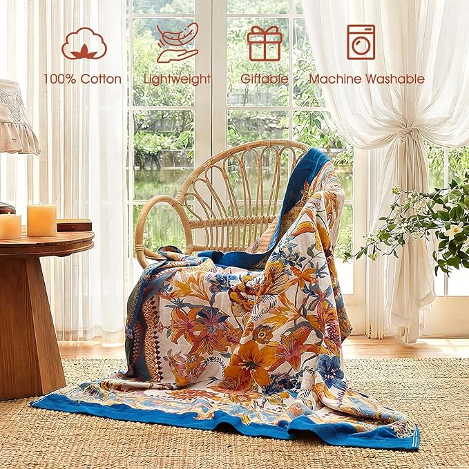 Boho Throw Blanket - 50"x60" 100% Cotton Ultra Soft Lightweight Spring Blanket, 4-Layer Breathable Muslin Blankets for Bed Couch, Reversible Yellow Floral Printed Bohemian Cotton Quilt
