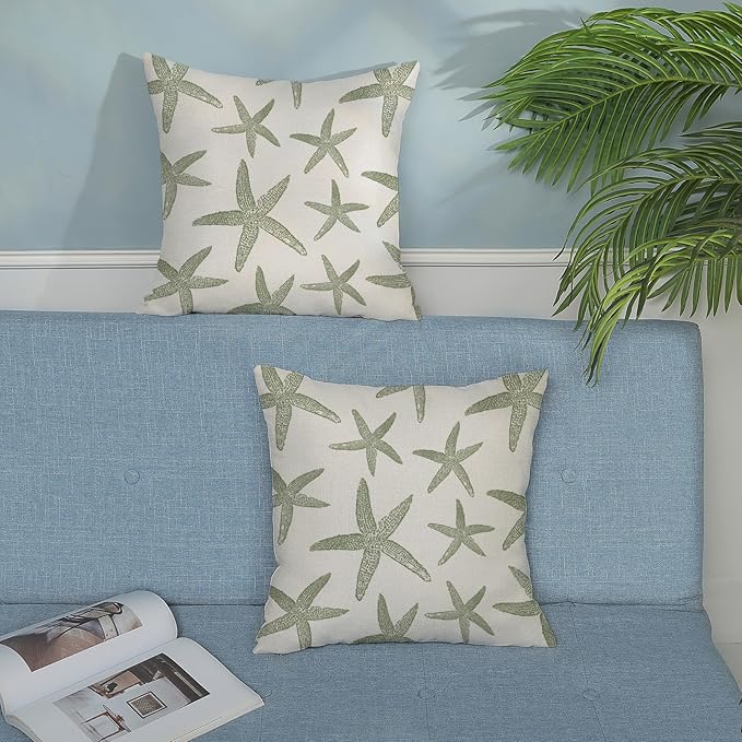 Sage Green Starfish Pillow Covers 18x18 Set of 2 Coastal Throw Pillows Spring Summer Nautical Ocean Theme Beach Decorative Pillow Cases Farmhouse Outdoor Decor Cushion Case for Home Bedroom