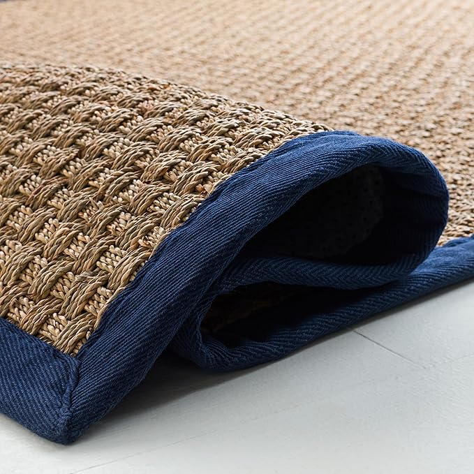 SAFAVIEH Natural Fiber Collection Runner Rug - 2'6" x 18', Natural & Blue, Seagrass, Basketweave Pattern with Border (NF114E)