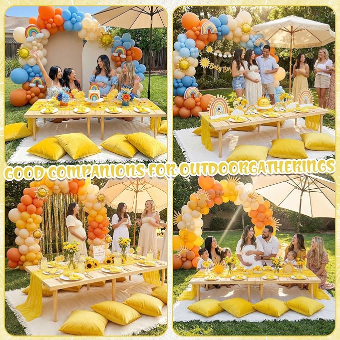 91 x 71 Extra Large Outdoor Boho Picnic Blanket with Yellow Table Runner, 6 Throw Pillow Covers 6 Napkins Woven Cotton Yarn Oversize Beach Blanket Washable Picnic Camp Wedding