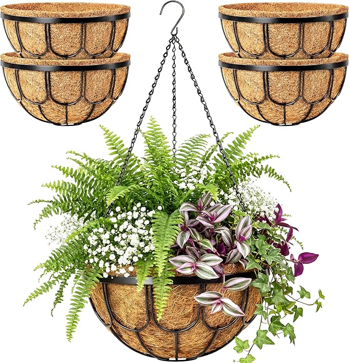4 Pack 14 Inch Hanging Planters for Outdoor Plants, Black Metal Wire Hanging Flower Baskets with Coco Coir Liner, Large Hanging Plant Pots for Garden, Patio, Balcony, Indoor Home Decor
