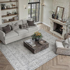 Gray 8x10 Area Rug Washable Living Room Vintage Carpet Bedroom Large Indoor Non Slip Soft Low Pile Thin Stain Resistant Distressed Accent Throw Rug for Dining Office Nursery