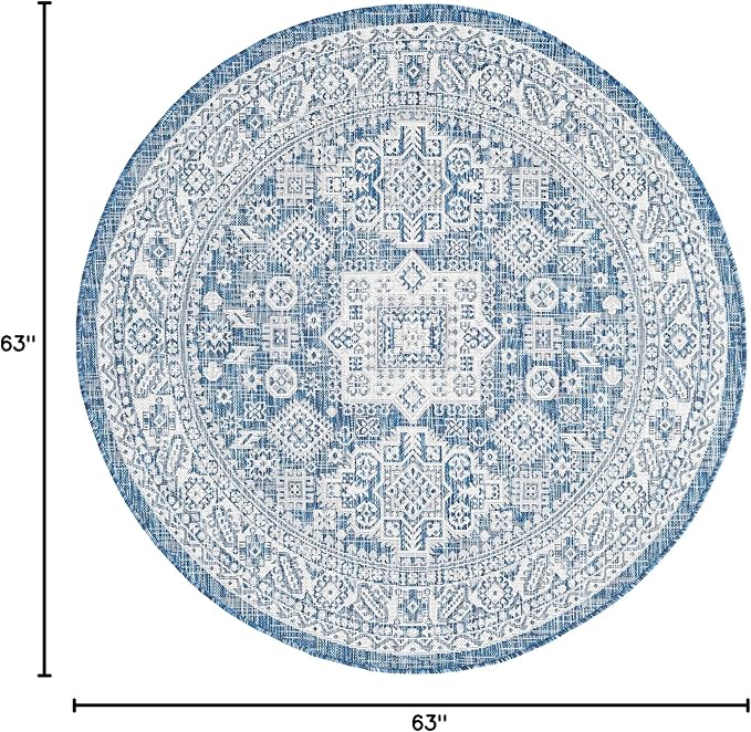 Rugs.com Outdoor Aztec Collection Rug – 5 Ft Round Blue Flatweave Rug Perfect for Kitchens, Dining Rooms