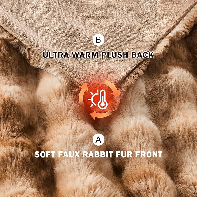 EMME Faux Fur Blanket Queen Size Tie Dye Brown - Big Bubble Rabbit Cozy Blanket for Couch, Thick Furry Plush Shaggy Blankets, 650GSM, 90x90 Inches