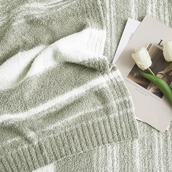 WRENGONGE Sage Green Throw Blanket, 60x80 Soft Cozy Striped Throw Blankets for Couch, Sofa, Bed, Travel, Lightweight Fluffy Warm Plush Decorative Blankets for Women, Men Gift