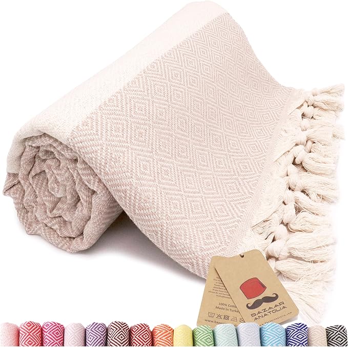Bazaar Anatolia Turkish Bath Towel – 100% Cotton, Quick Dry, Sand Free Towel for Bathroom, Hot Tub, Decor, Cream – Oversized 71x39 Inches – Diamond Beige
