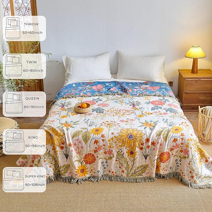 Boho Throw Blanket for Home Decor,Ultra Soft Throw Rustic Classic Quilt,100% Cotton Muslin Blankets for Adults, Reversible Woven Decorative Blanket for Bed Layering Use, Colorful Floral, 50"x60"