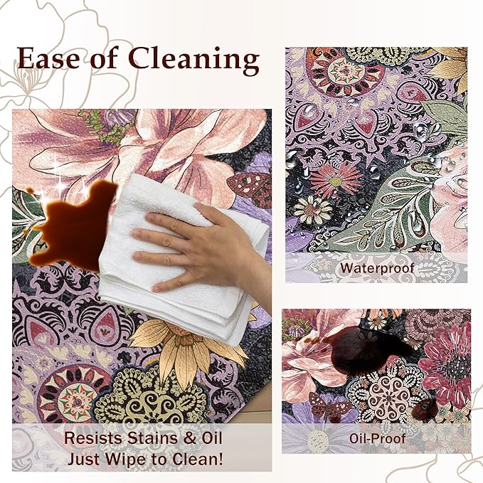 Boho Floral Kitchen Mats for Floor 2PCS Anti Fatigue Mats for Kitchen Floor Cushioned Non Slip Waterproof Memory Foam PVC Kitchen Rugs Set for Sink,Office,Laundry 17.3"x28"+17.3"x47"