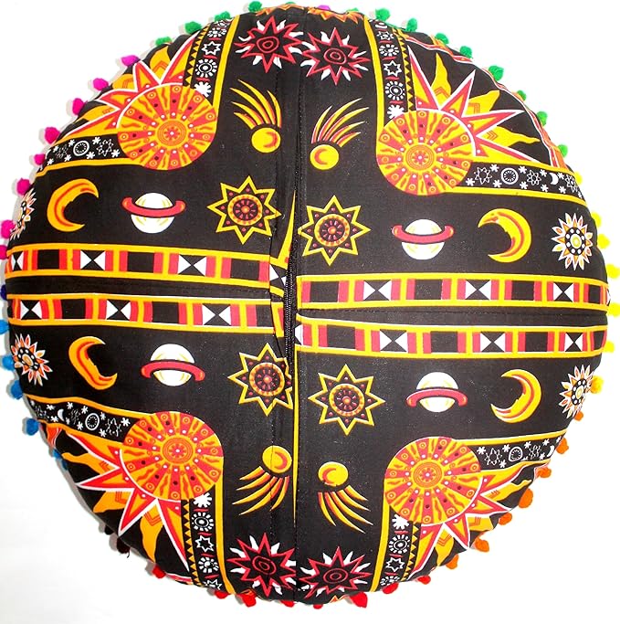 CRAFT KALA Large Round Bohemian Floor Pillow Pouf Cover Mandala Meditation Room Pillow Cover for Adults Boho Seating Poufs Cushion Cover for Kids Playroom 32" Round Orange Burning Sun