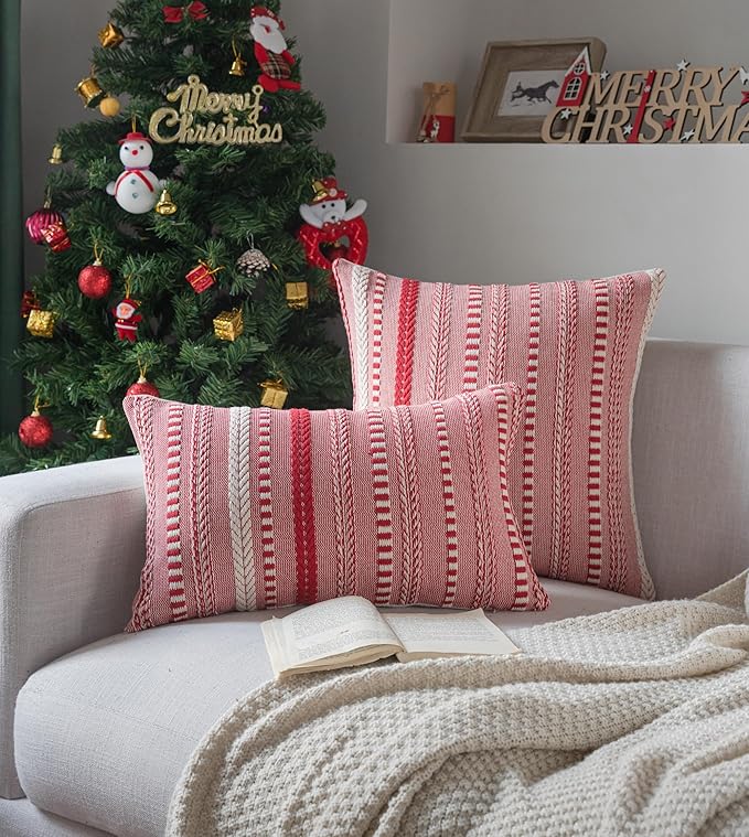 Christmas Pillow Covers 18x18 Inch Set of 2, Farmhouse Boho Christmas Decoration Couch Pillow Cases, Red Accent Pillows of Bed, Sofa Bedroom Living Room Home Decor Cushion Cover