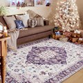 Amearea Vintage Design Area Rugs for Living Room, 4x6 Machine Washable Floral Collection Traditional Bedroom Rug, Low Pile Cute Kids Room Print Carpet, No Slip Office Kitchen Home Decor, Purple