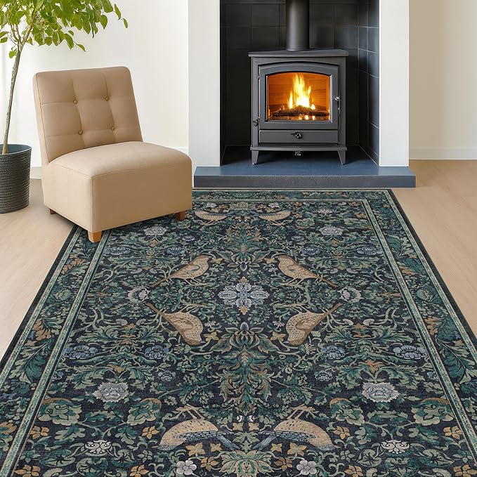 Cottagecore 5x7 Blue Rugs for Bedroom, Washable Forest Area Rug for Dining Room Under Table, Carpet for Living Room, Non Slip & Low Pile Soft Rug (Navy Blue & Deep Teal)