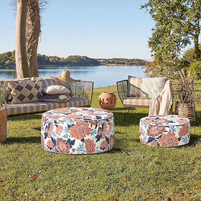 TWELAR Indoor/Outdoor Inflatable Ottoman, Water Repellent Round Foot Rest Ottomans D31 x H14 inch, Portable Footstool for Patio Garden Camping or Home, Red Chrysanthemum