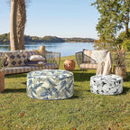 Indoor/Outdoor Inflatable Ottoman with Handle, Decorative Fade-Resistant Round Footstool D21 x H9 inch, Portable Ottoman Pouf for Patio Garden Camping, Tropical Blossom Noir