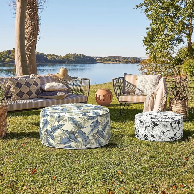 Indoor/Outdoor Inflatable Ottoman, Water Repellent Round Foot Rest Ottomans D31 x H14 inch, Portable Footstool for Patio Garden Camping or Home, Lush Palm Blue