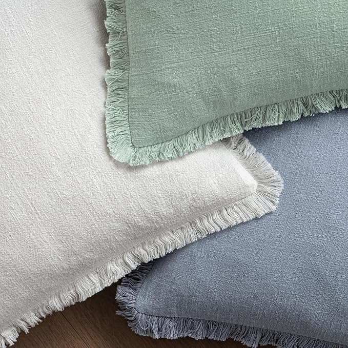 MIULEE Decorative Throw Pillow Covers Neutral Linen Fringe Throw Pillows Euro Shams Set of 2 Light Blue Boho Farmhouse Cushion Covers for Couch Sofa Bed Living Room Spring Home Decor 26x26 Inch