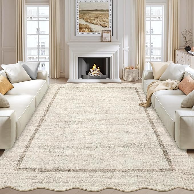 GarveeHome Scalloped Washable Rug 10x13 Area Rug for Bedroom Farmhouse Living Room Rug Non Slip Large Area Rug Low Pile Throw Rugs Stain Resistant Carpet for Dining Room Beige 10 ft x13 ft