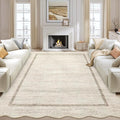 GarveeHome Scalloped Washable Rug 10x13 Area Rug for Bedroom Farmhouse Living Room Rug Non Slip Large Area Rug Low Pile Throw Rugs Stain Resistant Carpet for Dining Room Beige 10 ft x13 ft