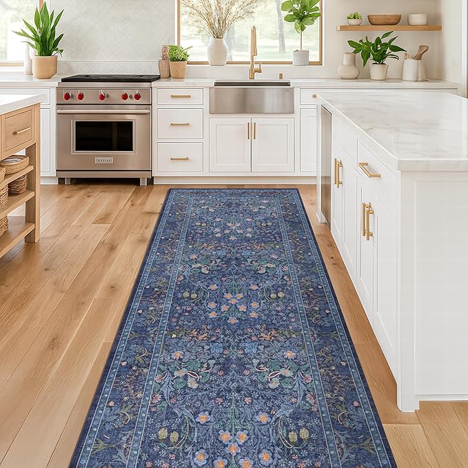 Dark Blue 2x8 Hallway Runner Rugs - Machine Washable Kitchen Runner Non Slip, Floral Pattern Indoor Floor Mats for Entryway, Oriental Design Home Décor
