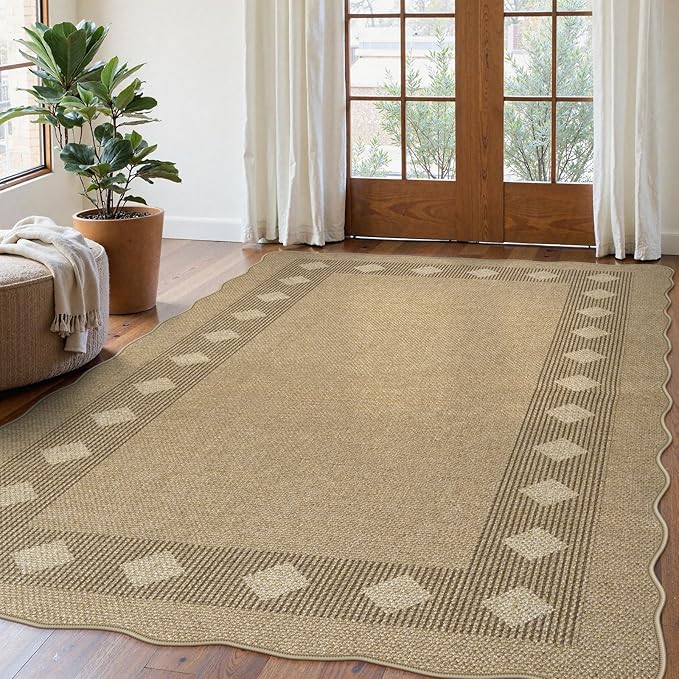 LIVEBOX Easy Jute Diamond Rug for Living Room, Scalloped Washable 5x7 Tan Rug for Bedroom, Geometric Checkered Non-Slip Indoor Outdoor Rug Dining Room Modern Carpet Area Rug for Patio Home Office Mat