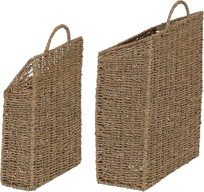 Rectangular Wicker Hanging Baskets, Set of 2, Small and Large, Handwoven Seagrass, Durable Metal Wire Frame, Multipurpose and Contemporary, Perfect for Organizing Newspapers, Mail and More, Natural