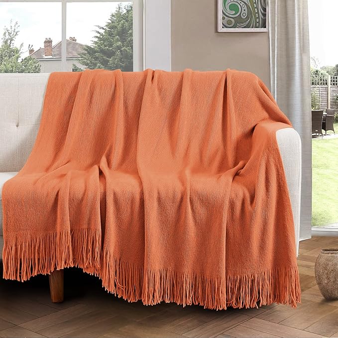 Vonty Rust Orange Knitted Blanket with Tassels Fringe 60" x 80", Super Soft Knit Throw Blanket, Farmhouse Decorative Lightweight Blanket for Couch, Sofa, Bed