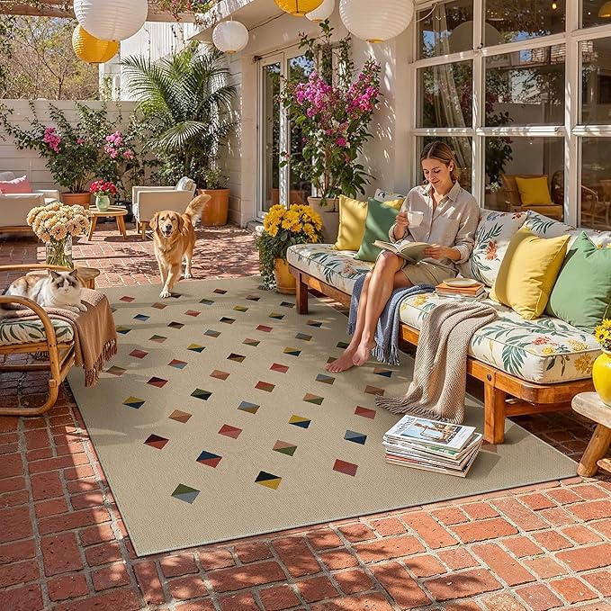 HUGEAR 5x8 Jute Outdoor Indoor Checkered Rug Washable Linen Textured Weave High Traffic Stain Resistant Non Slip Durable Carpet for Livingroom Patio Deck Balcony Courtyard (Rainbow, 5' x 8')