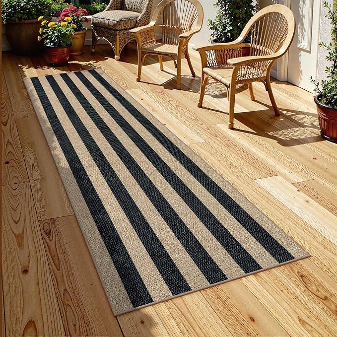 Lahome Elance Striped Easy Jute Kitchen Runner, 2x8 Washable Runner Rug for Hallway Entryway, Farmhouse Non Slip Non Shedding Black Indoor Outdoor Carpet for Entry Porch
