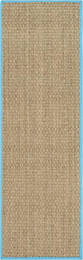 SAFAVIEH Natural Fiber Collection Runner Rug - 2'6" x 12', Natural & Turquoise, Seagrass, Basketweave Pattern with Border (NF114S)