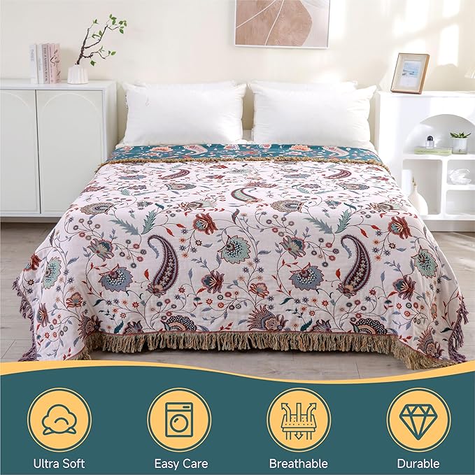 Boho Throw Blanket for Bed,100% Ultra Cotton Soft Breathable Bed Throw Floral Printed Farmhouse Decor Rustic Bed Throws for Couch Sofa Quilt White Flowers 90" x 98"
