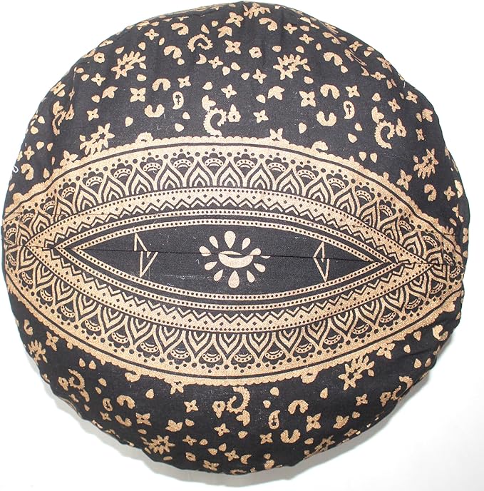 INDIAN CRAFT CASTLE ICC Mandala Barmeri Large Floor Pillow Cover Cushion Meditation Seating Ottoman Throw Cover Hippie Decorative Zipped Bohemian Pouf Ottoman Cases Black Gold, 24" Round