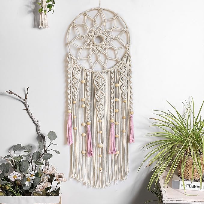 EOBTAIN Boho Macrame Wall Hanging Handmade Dream Catchers Pink and White Woven Tapestry Wall Decor Dreamcatcher Tassel Wall Art Bohemian Home Decor for Bedroom Living Room,Gifts for Girls Woman Mom